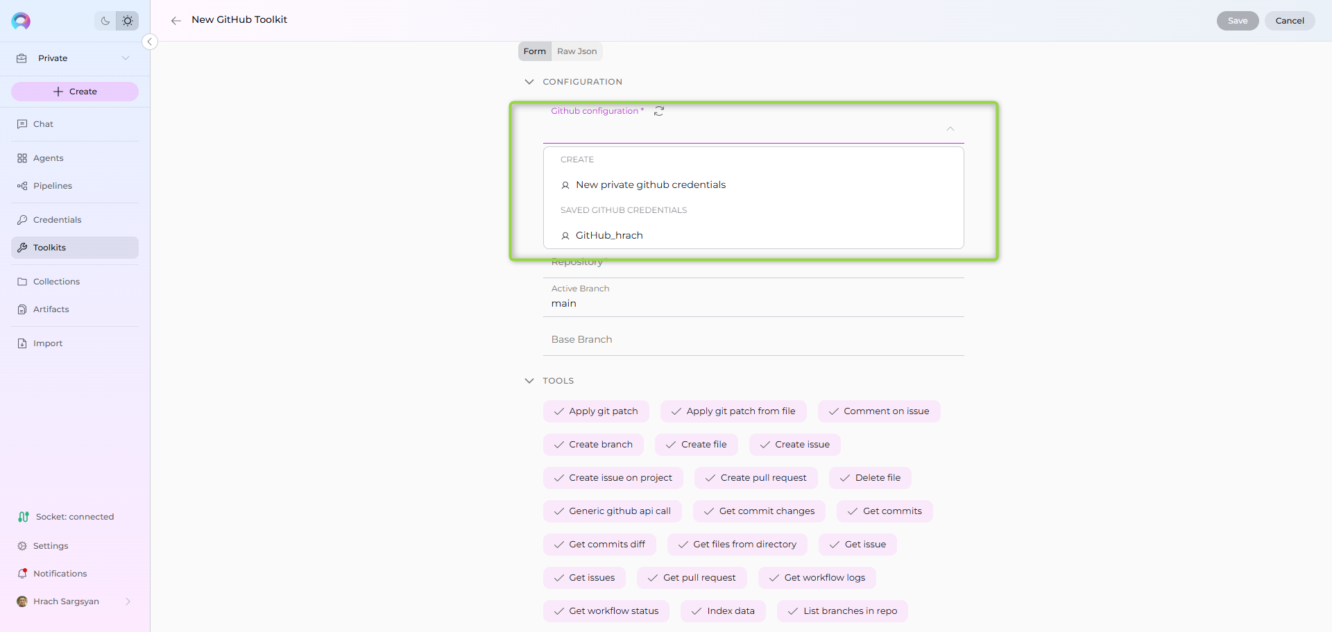 Toolkit credential selection